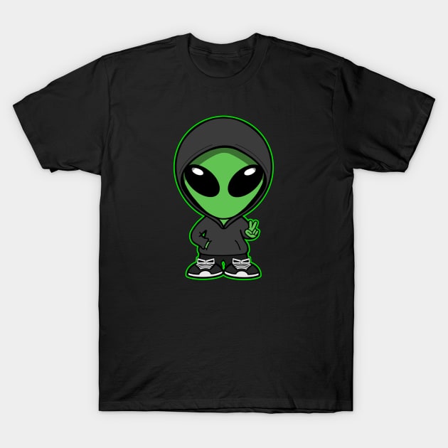 Hooded Space Alien Peace Hand Sign Green T-Shirt by SpaceAlienTees